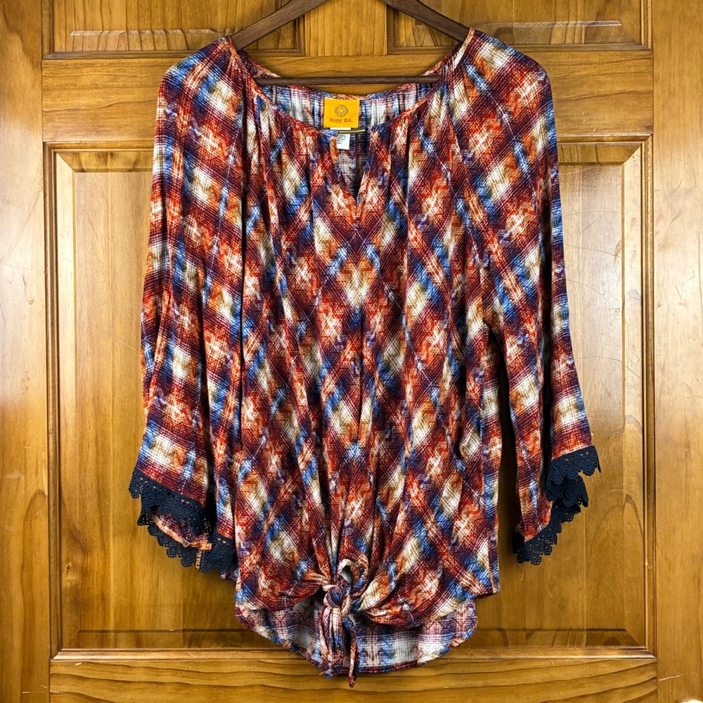 Ruby Rd Plaid Knit Tie Front Top Bell Sleeve Crochet Lace Trim Blouse Large